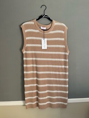 NWT Boutique Striped Sleeveless Knit Sweater Mini Dress Cotton Blend Neutral L